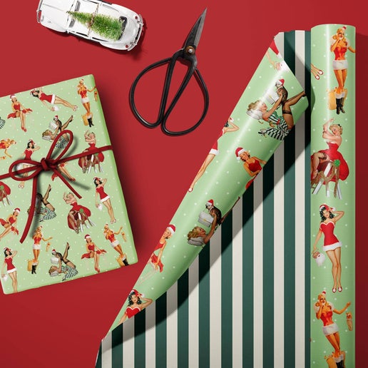 Holiday Vintage Pinup Double Sided Christmas Gift Wrap Sheet