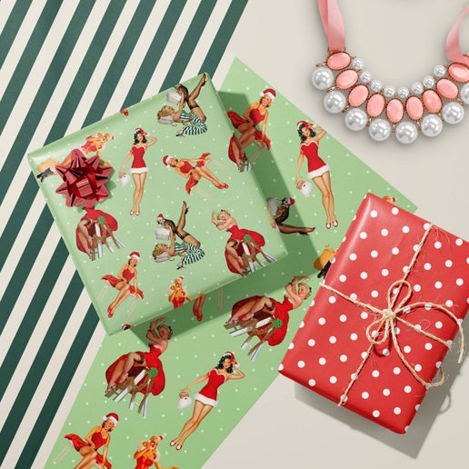 Holiday Vintage Pinup Double Sided Christmas Gift Wrap Sheet