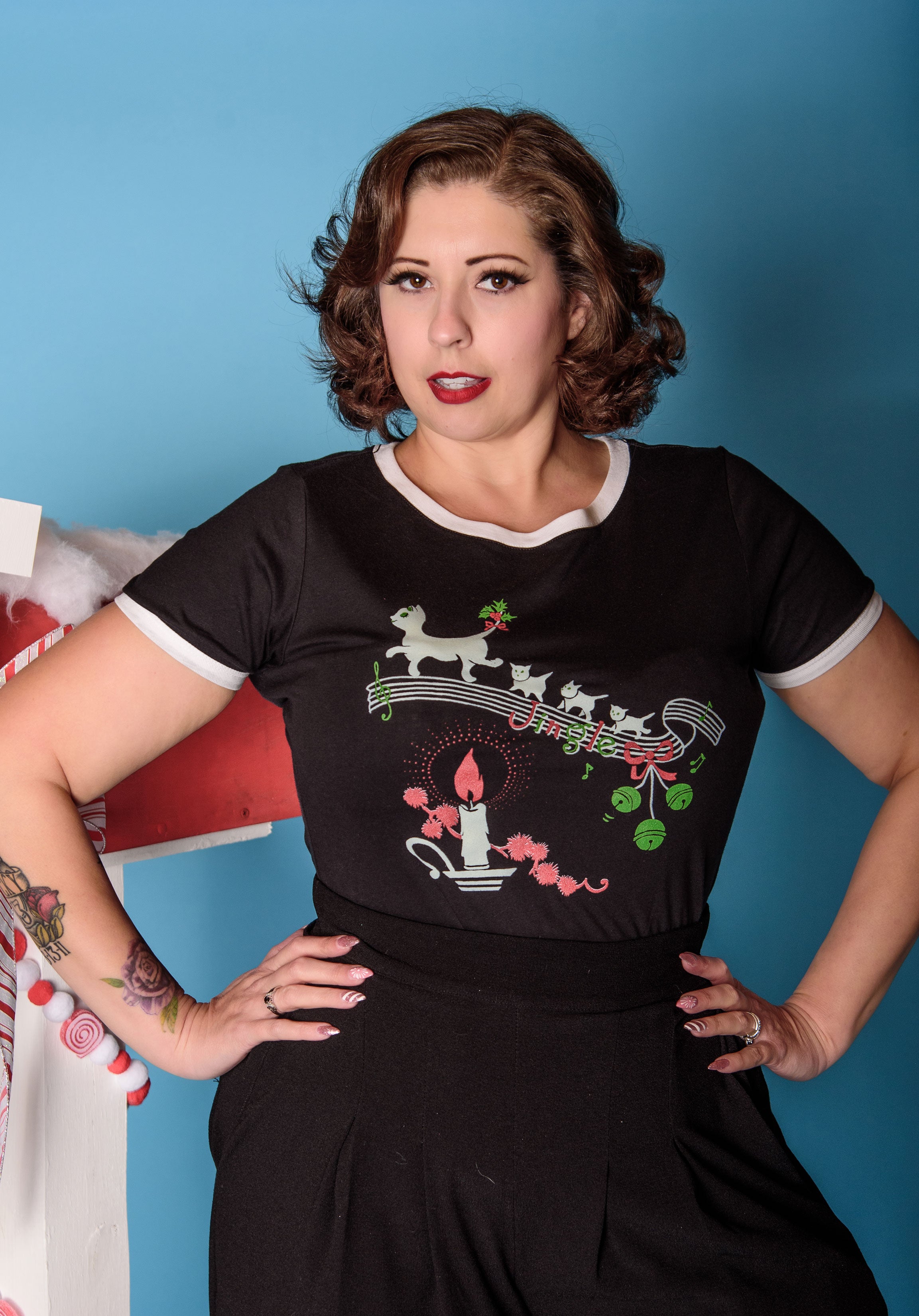 Jingle Cats Fitted Ringer T-shirt in Black/White