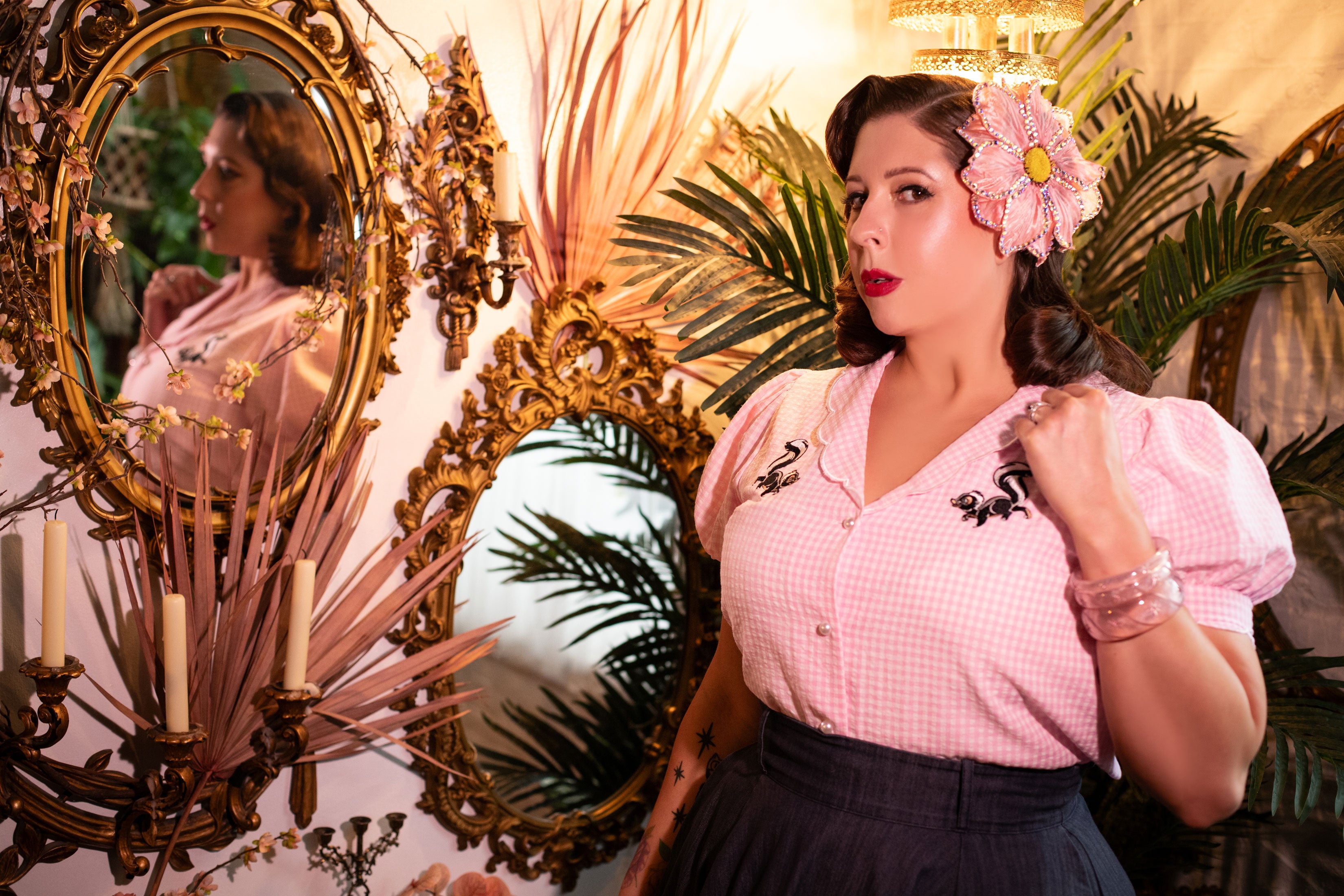 Disney Bambi Collection Pink Gingham & Embroidered Flower Puff Sleeve Top