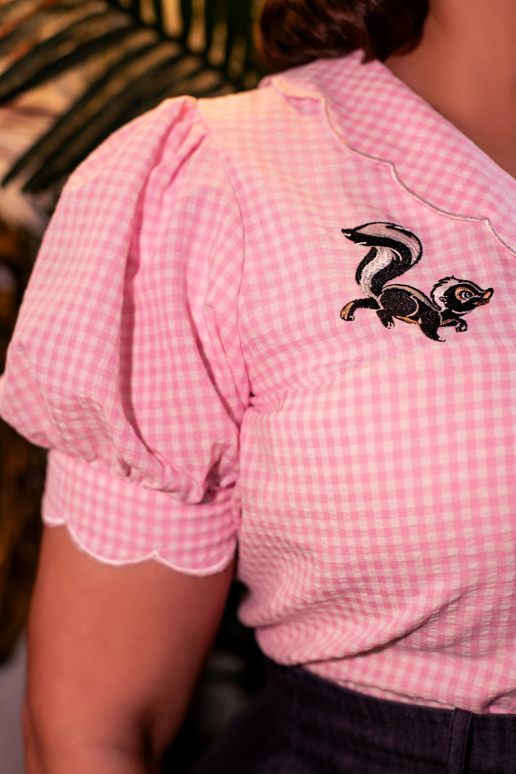 Disney Bambi Collection Pink Gingham & Embroidered Flower Puff Sleeve Top