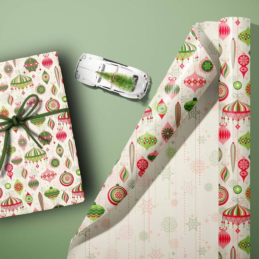 Retro Ornaments Holiday Mid Century Double Sided Gift Wrap