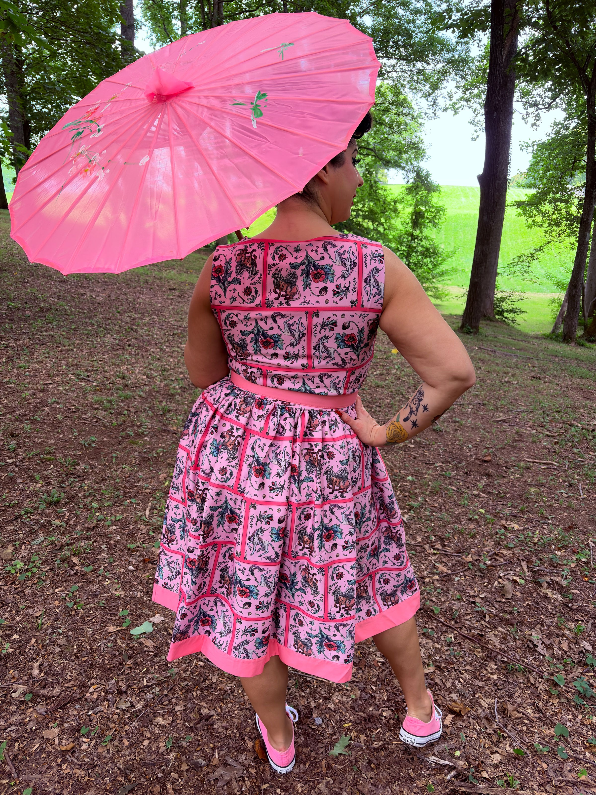 Pink Mythical Creatures Sleeveless Button Swing Dress