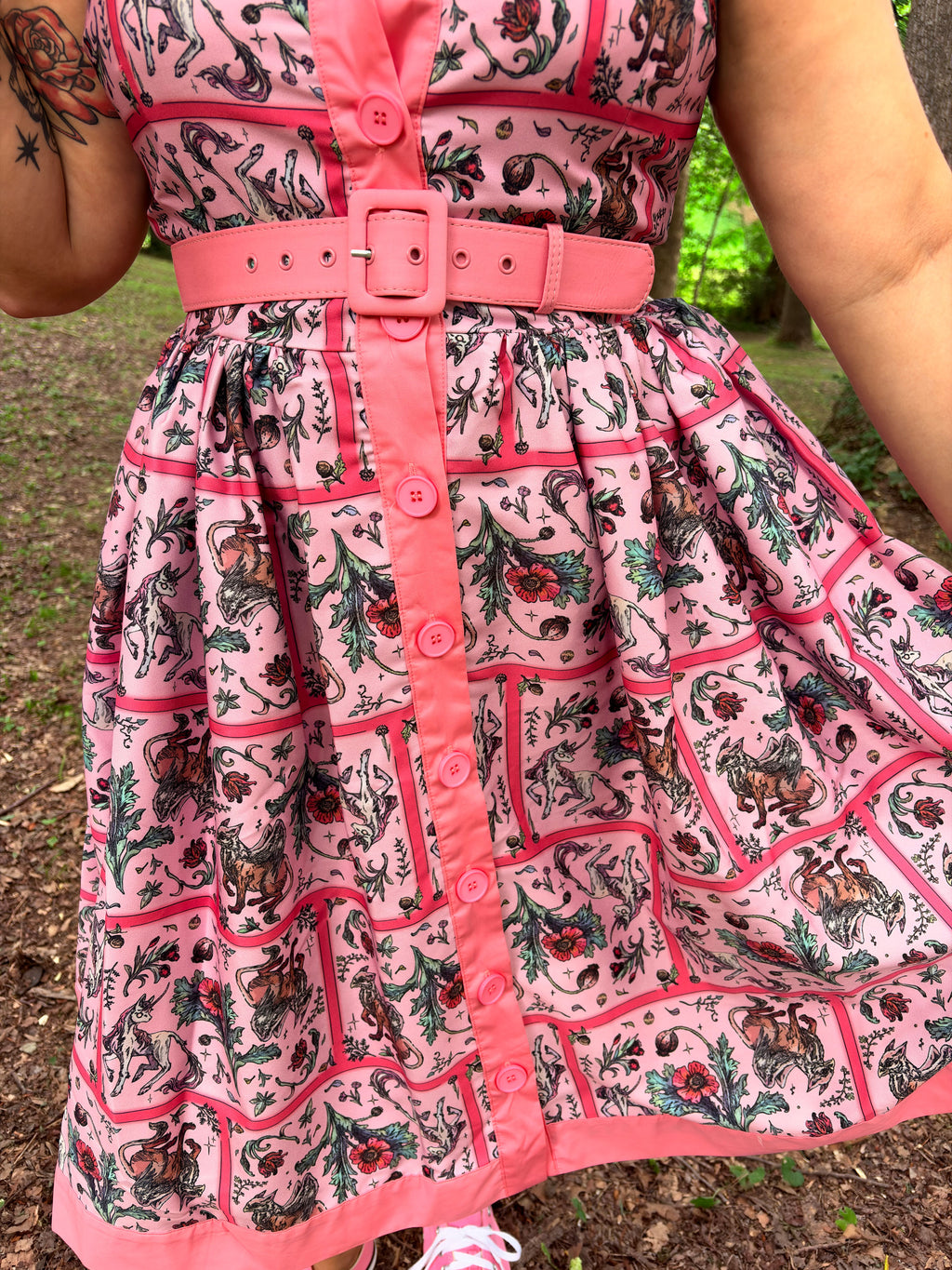 Pink Mythical Creatures Sleeveless Button Swing Dress