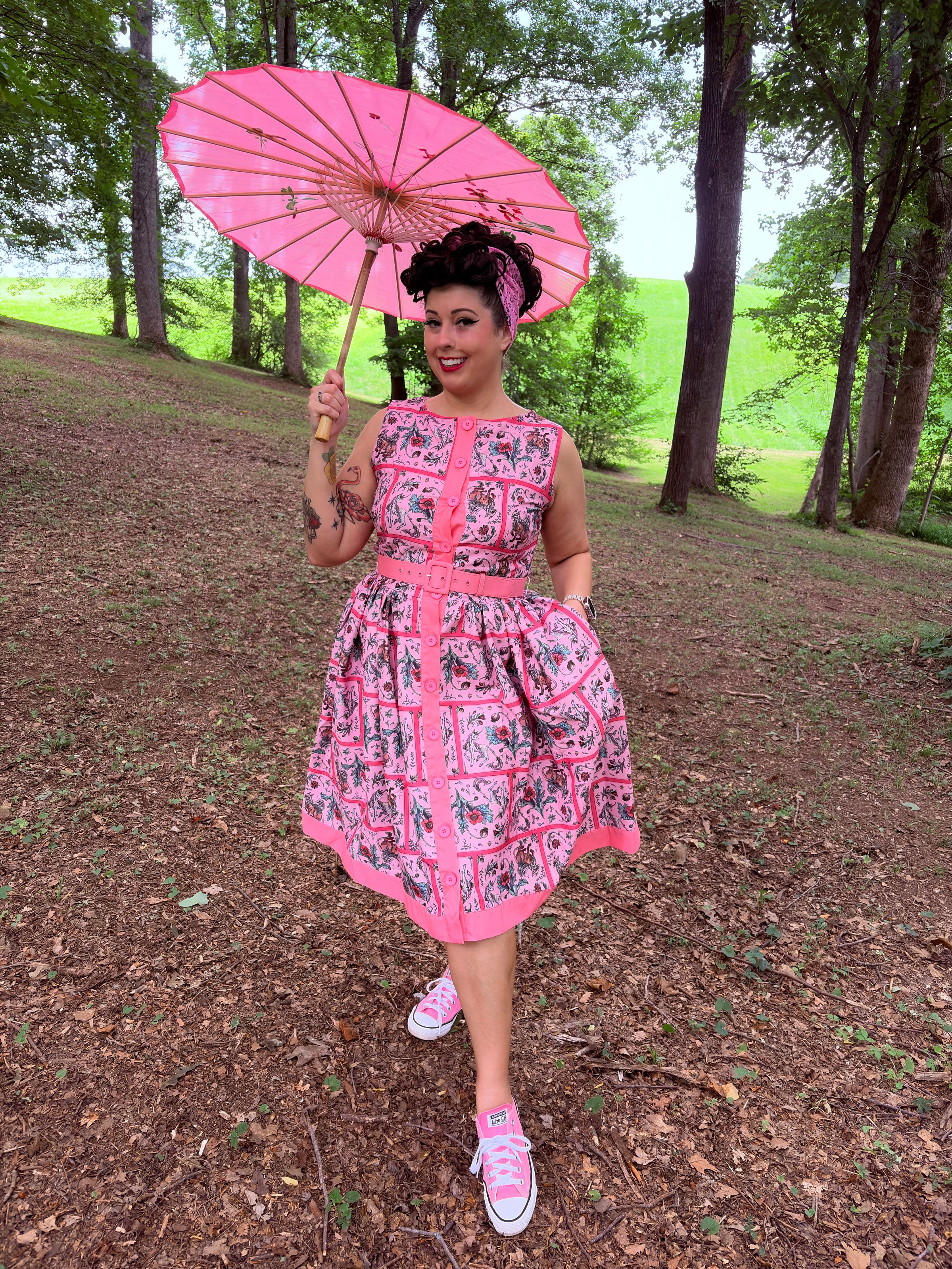 Pink Mythical Creatures Sleeveless Button Swing Dress