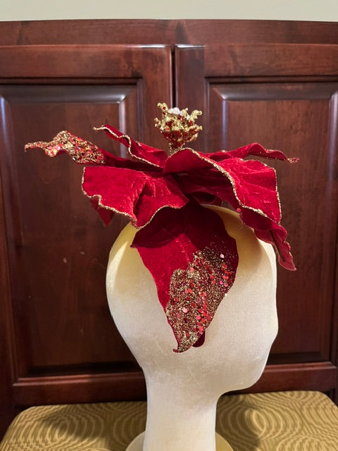 Red Velvet Poinsettia Headband with Pearls