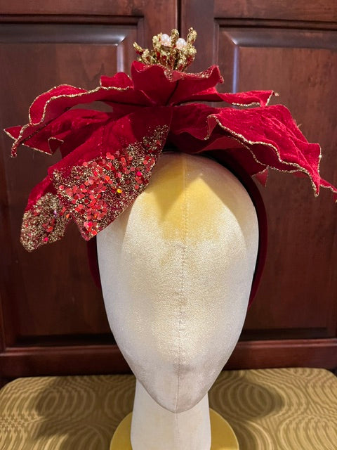 Red Velvet Poinsettia Headband with Pearls