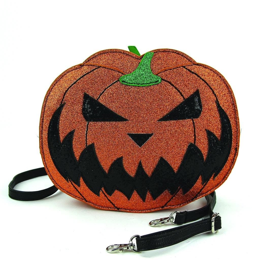 Halloween Pumpkin Two Faced Jack O Lantern Crossbody Bag in Vinyl Material