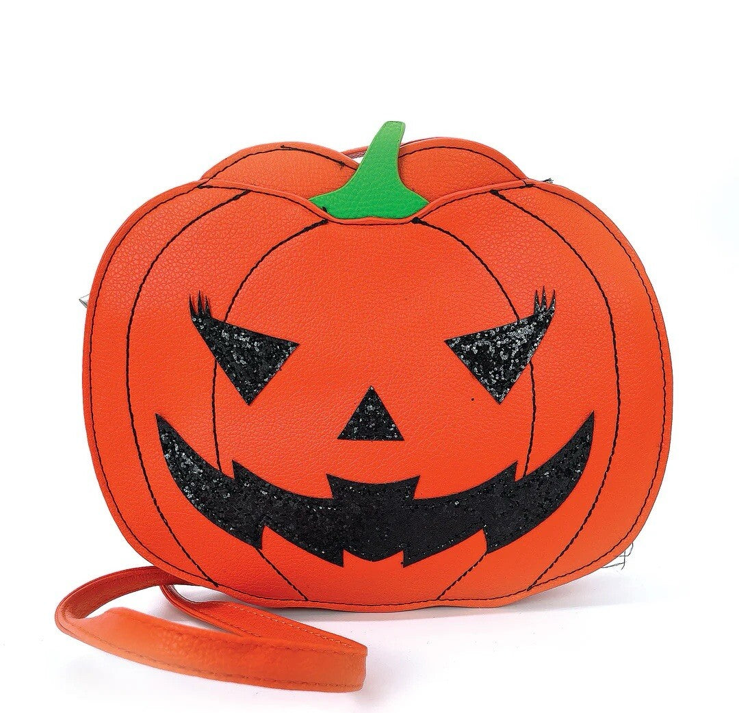 Halloween Pumpkin Two Faced Jack O Lantern Crossbody Bag in Vinyl Material